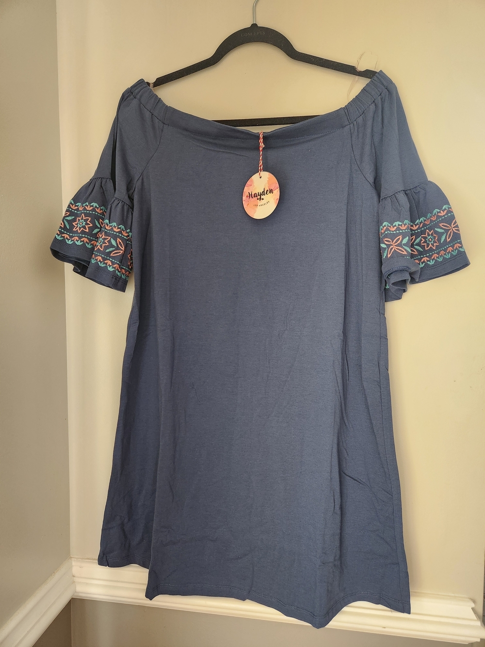 Hayden Blue Off-Shoulder Tunic with Embroidered Ruffle Sleeves Medium